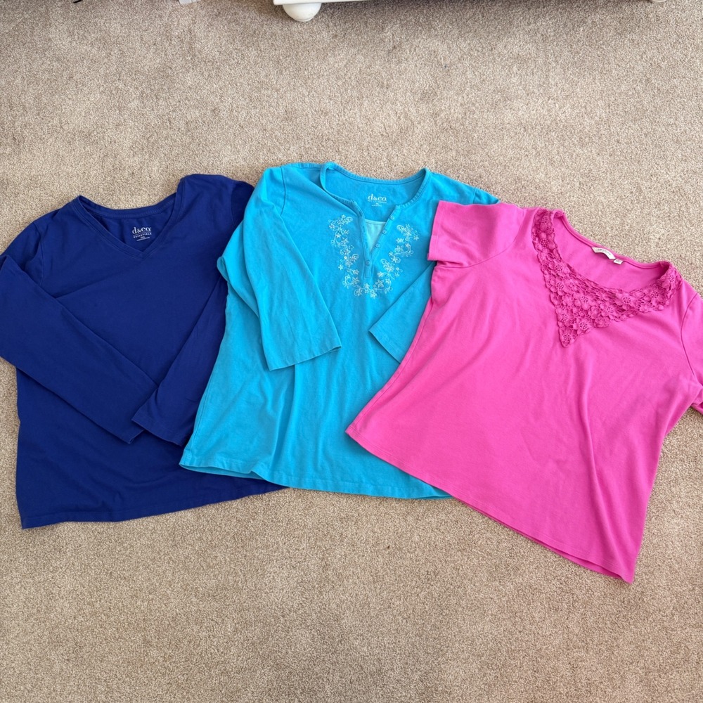 Denim & Co Liz Claiborne Tops Bundle Women XL 1X Blue Pink Lace Embroidered 3pc